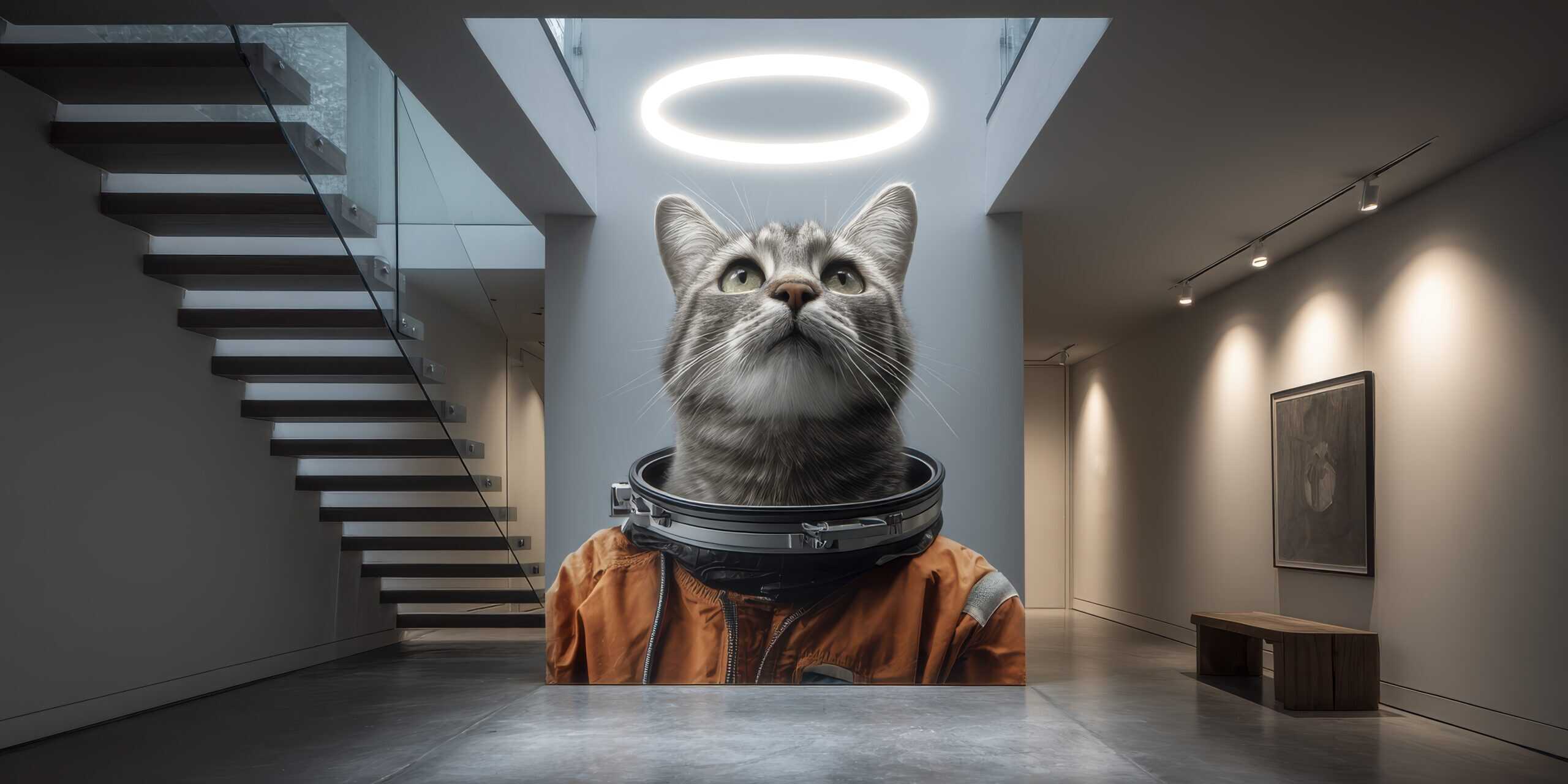 A humanoid cat spaceship alien art in modern gallery, futuristic digital art of a feline in space suit with astronaut helmet, contemporary cat portrait, digital illustration, sci-fi, extraterrestrial concept.