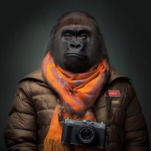 Gorilla with camera and scarf, wearing a brown jacket, professional wildlife photographer portrait, outdoor setting, high-quality digital image, vibrant colors, showcasing wildlife photography passion.