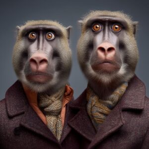 1. Two realistic monkey masks with human clothing, dark background, detailed fur and expressive eyes, perfect for costume or Halloween themes.