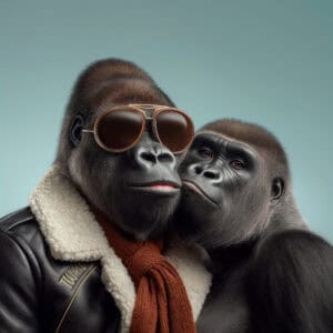 Close-up of two gorillas, one wearing stylish sunglasses, a leather jacket, and a warm scarf, showcasing modern fashion with a natural primate look against a soft blue background.