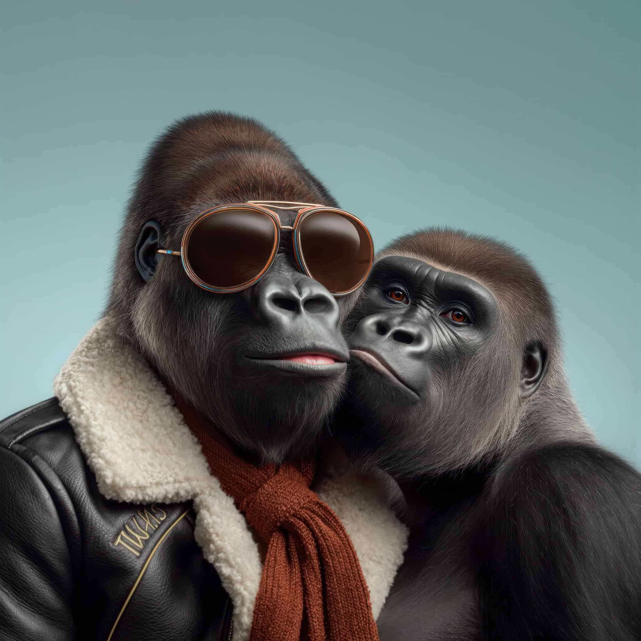 Close-up of two gorillas, one wearing stylish sunglasses, a leather jacket, and a warm scarf, showcasing modern fashion with a natural primate look against a soft blue background.