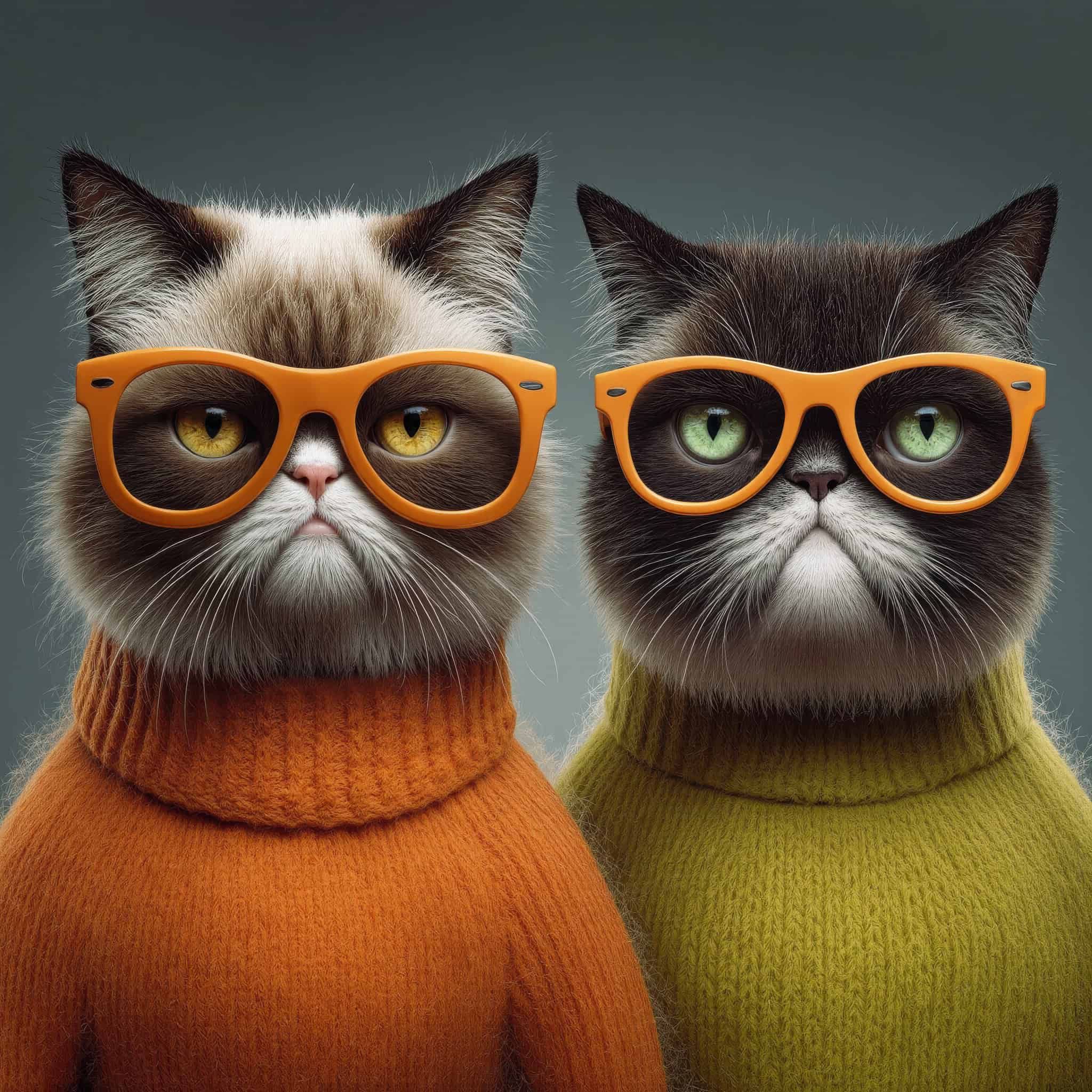 Two stylish cats wearing orange glasses and colourful sweaters pose for a fun portrait, highlighting feline fashion and personality.