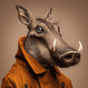 A digital art piece depicting a humanoid wild boar with striking blue eyes wearing an orange hoodie. The creature combines realistic boar features with modern urban fashion for a captivating look.
