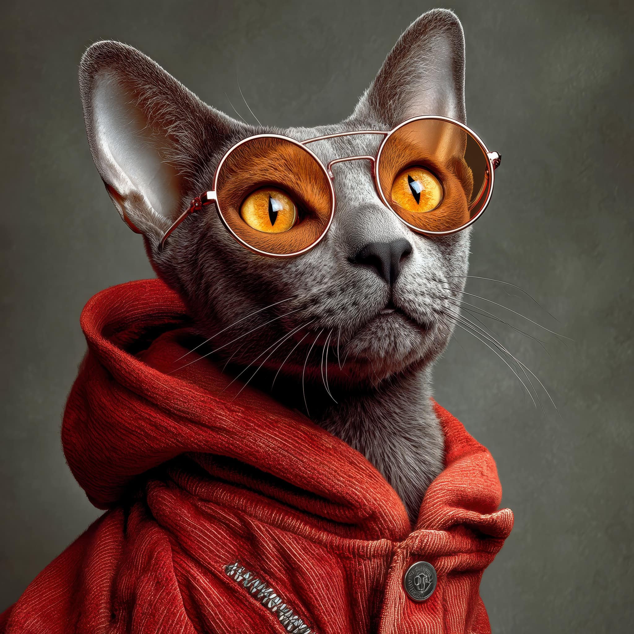 Stylish grey cat wearing round sunglasses and a vibrant red hoodie, looking fashionable and trendy for a modern cat influencer shot.