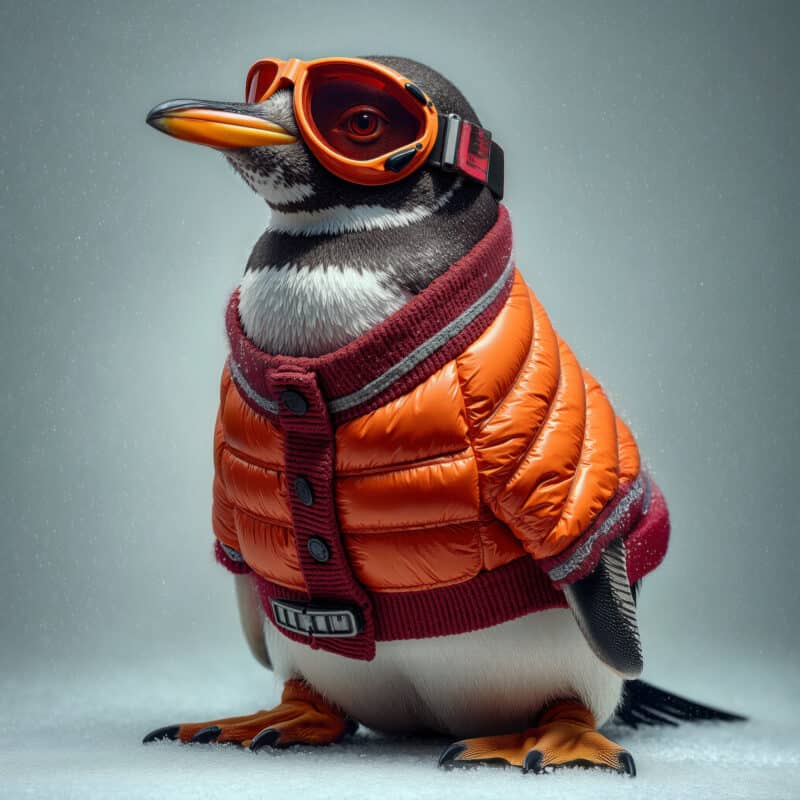 Penguin wearing goggles, a puffy orange jacket, and a red knit sweater, standing against a snowy background. Perfect for winter fashion or animal lifestyle themes.