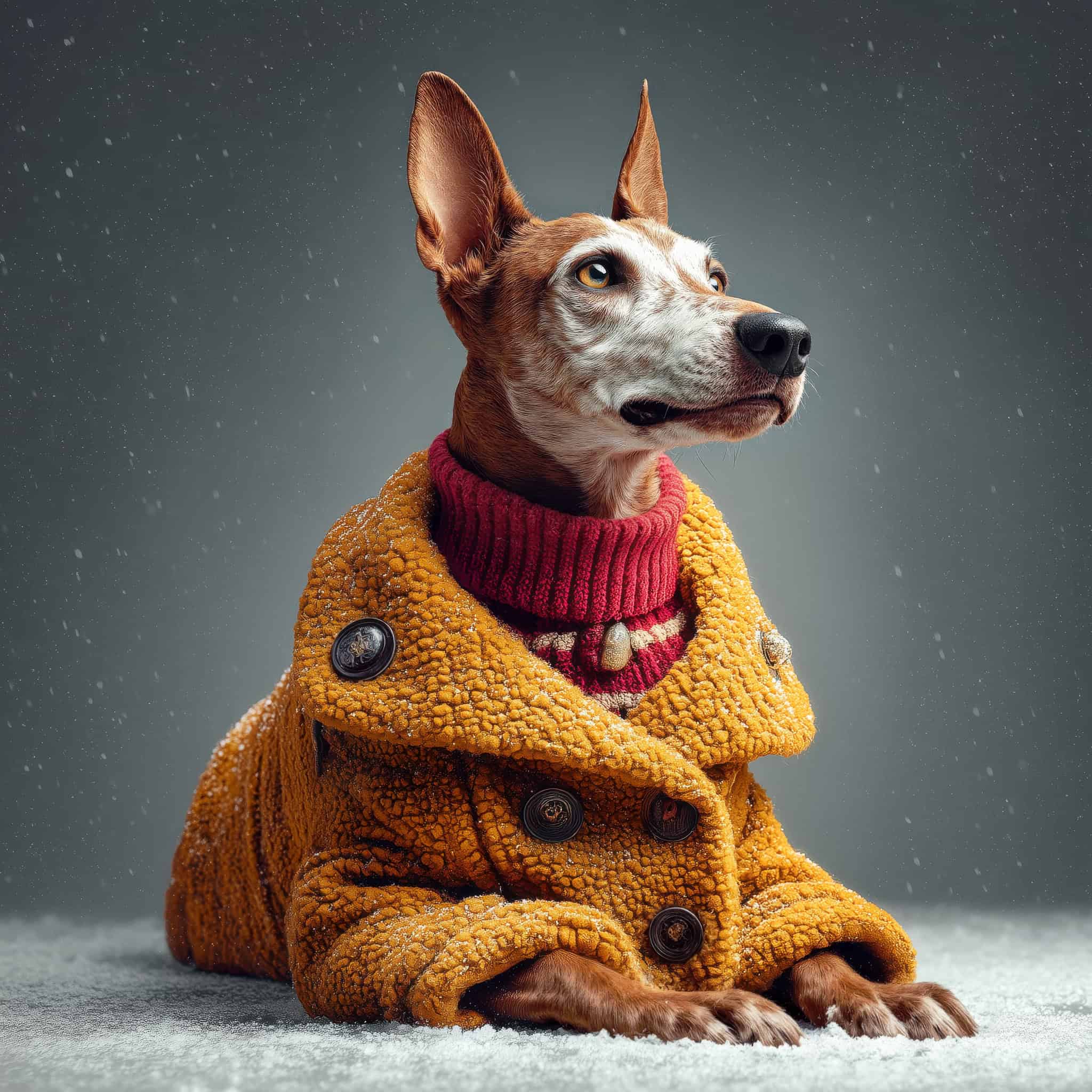 Dog in warm yellow textured coat, red knit sweater, snow scene, winter pet apparel, stylish canine.