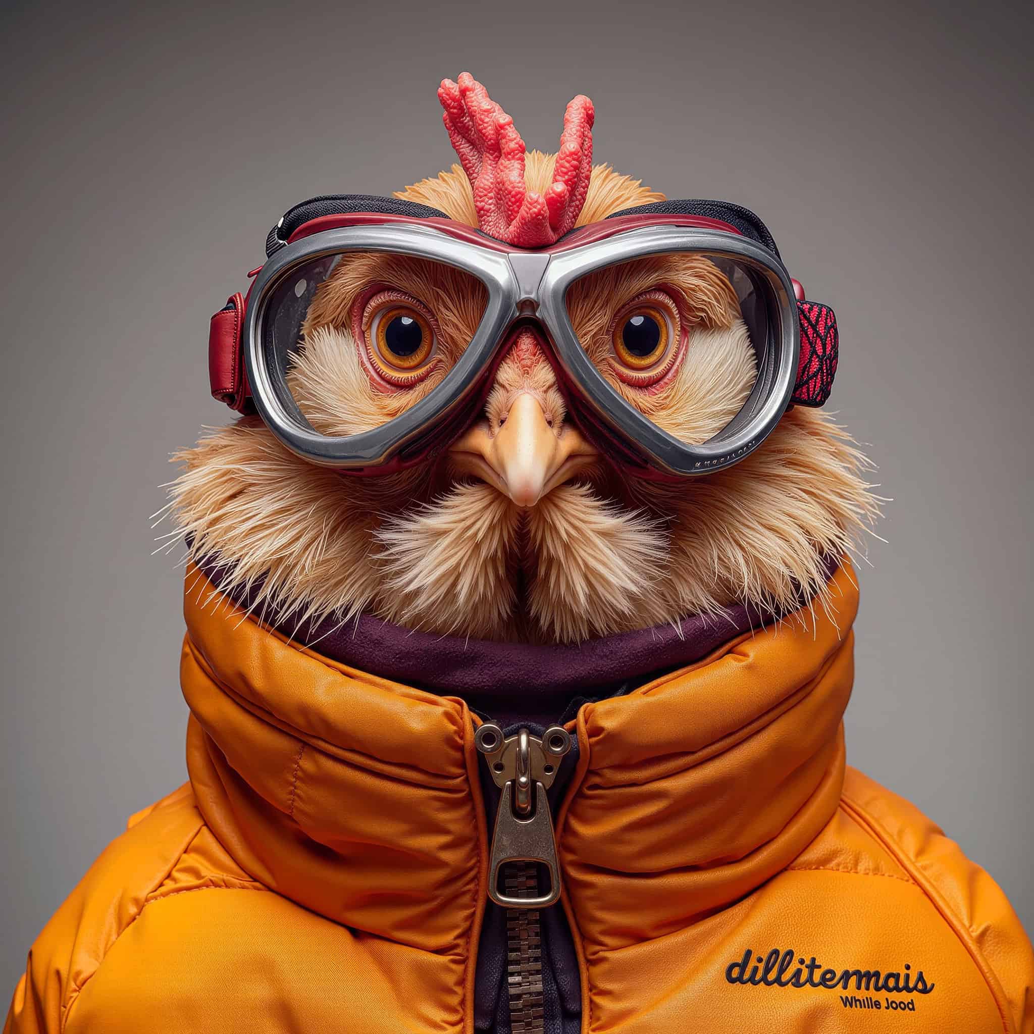 Highly detailed image of an eagle dressed in ski gear. The eagle wears snow goggles, an orange puffer jacket, and a humorous expression, combining wildlife and winter sports aesthetics.