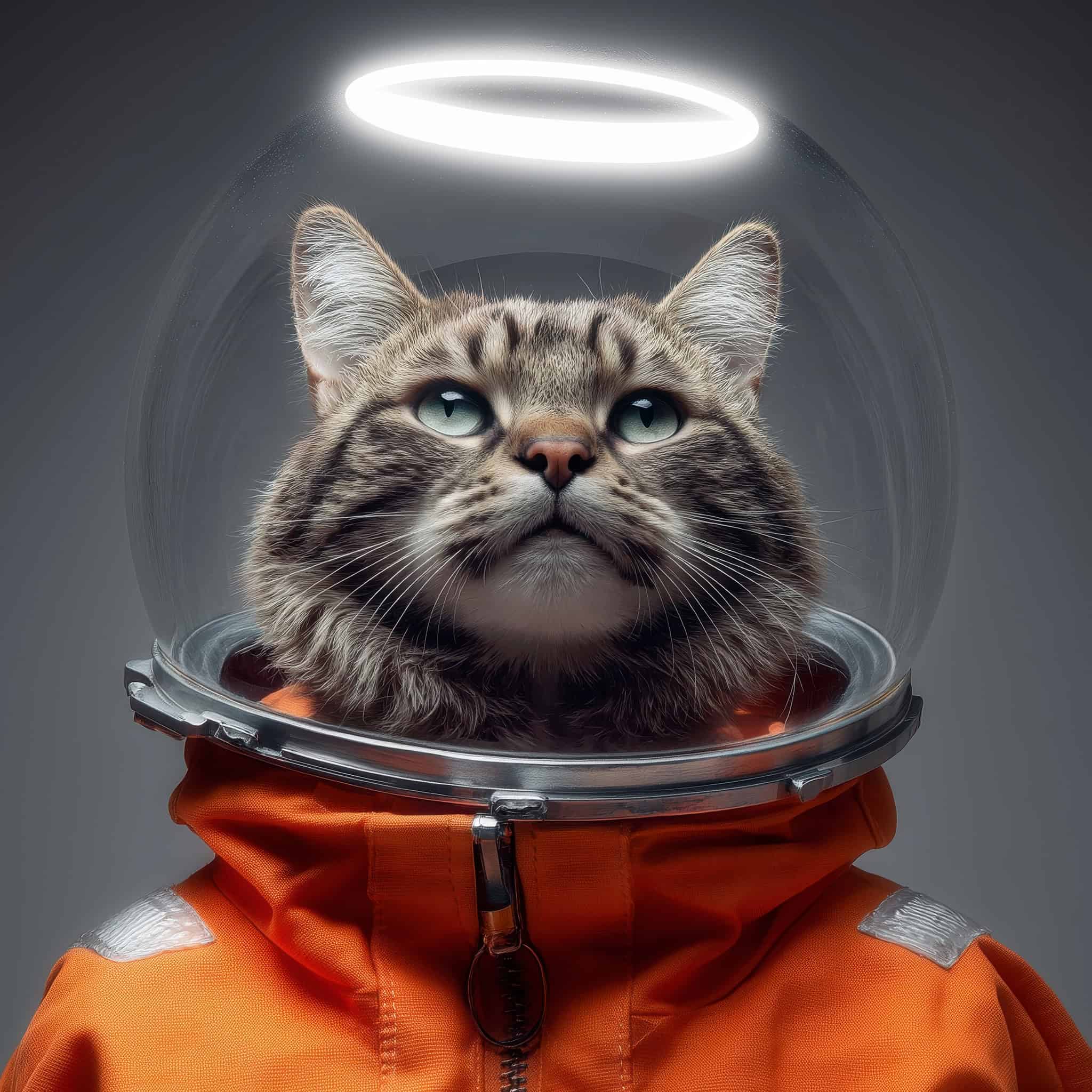 A detailed image of a feline with striking blue eyes, wearing an orange space suit with a clear helmet, set against a dark space background. Captures the blend of creativity and sci-fi themes.
