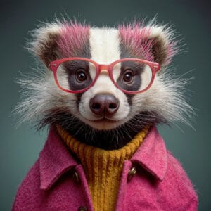 Adorable raccoon wearing pink glasses, a cozy yellow turtleneck, and a bright pink coat, perfect for animal lovers and fashion enthusiasts.