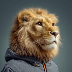 A realistic digital art portrait of a lion with a human body wearing a hoodie, symbolizing strength, confidence, and ferocity, perfect for highlighting wildlife and animal-themed content.