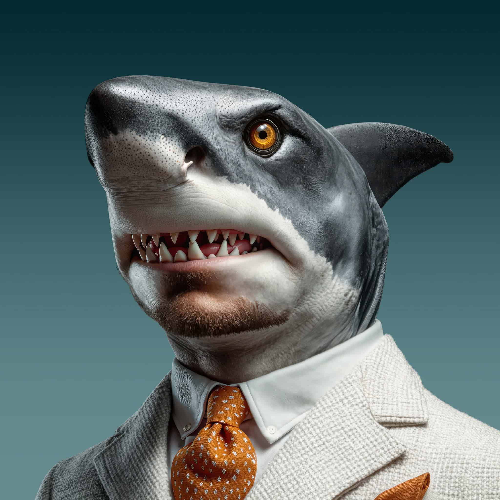 A humanoid shark wearing a suit and orange polka dot tie, combining marine life with corporate style in a digital art illustration.