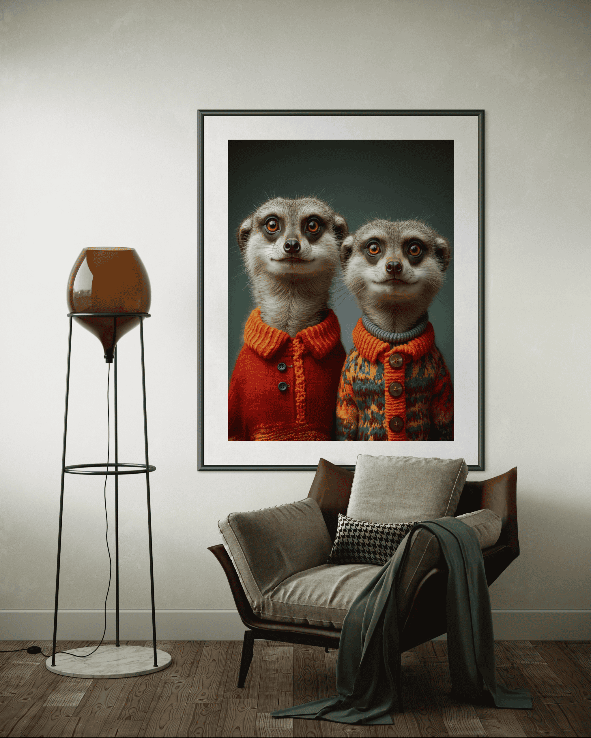 Playful meerkats wearing colourful sweaters, framed wall art, modern interior, animal art, cute wildlife photography, cozy home decor, animal portrait, stylish living space, vibrant wall art, unique animal prints.