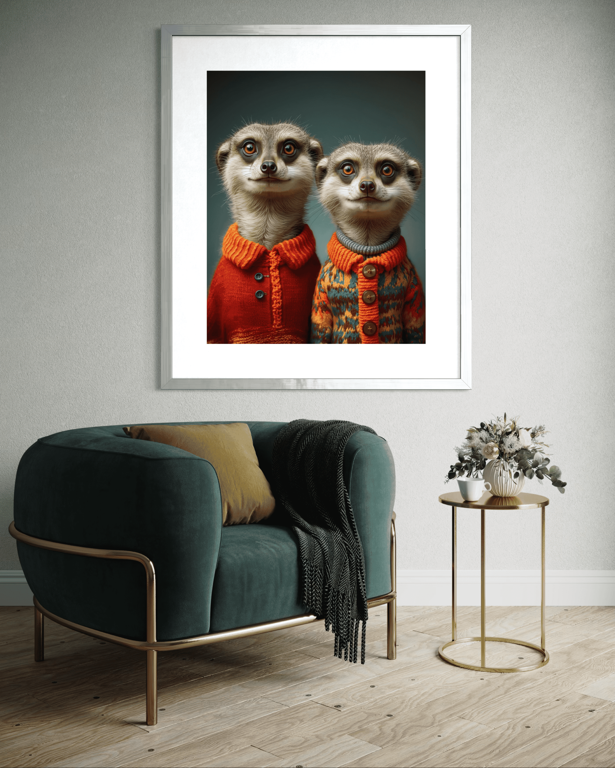 Playful meerkats in colourful sweaters, cute animal portrait, cozy home decor, wall art featuring animals, modern living room, adorable furry creatures, fashionable animal clothing, stylish wall hanging, unique animal artwork, wildlife-inspired home decor.
