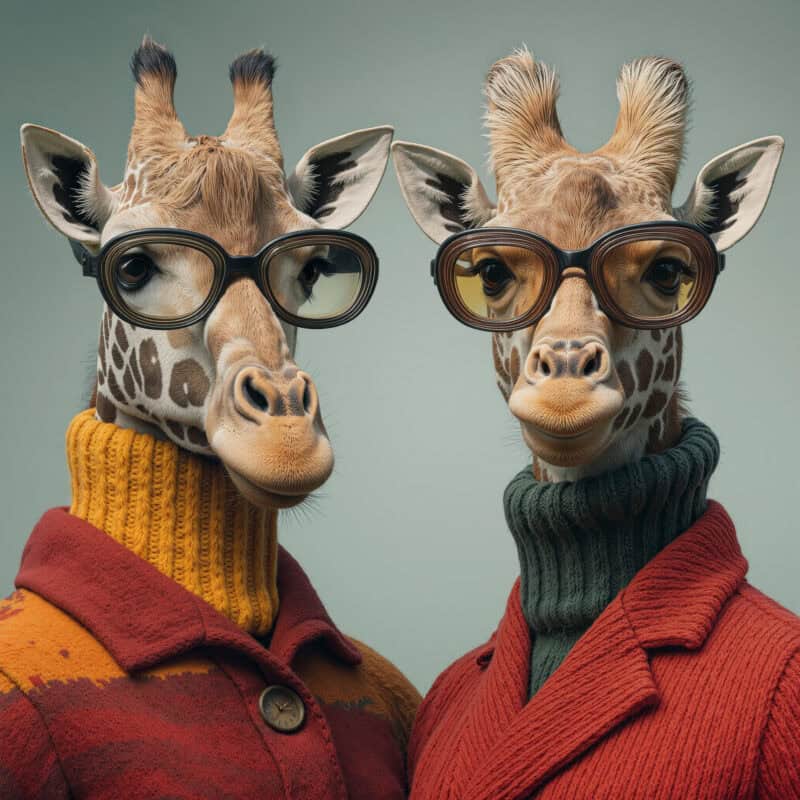 Cute giraffes wearing stylish glasses and turtleneck sweaters, showcasing a fun and quirky fashion look inspired by beastique trends.