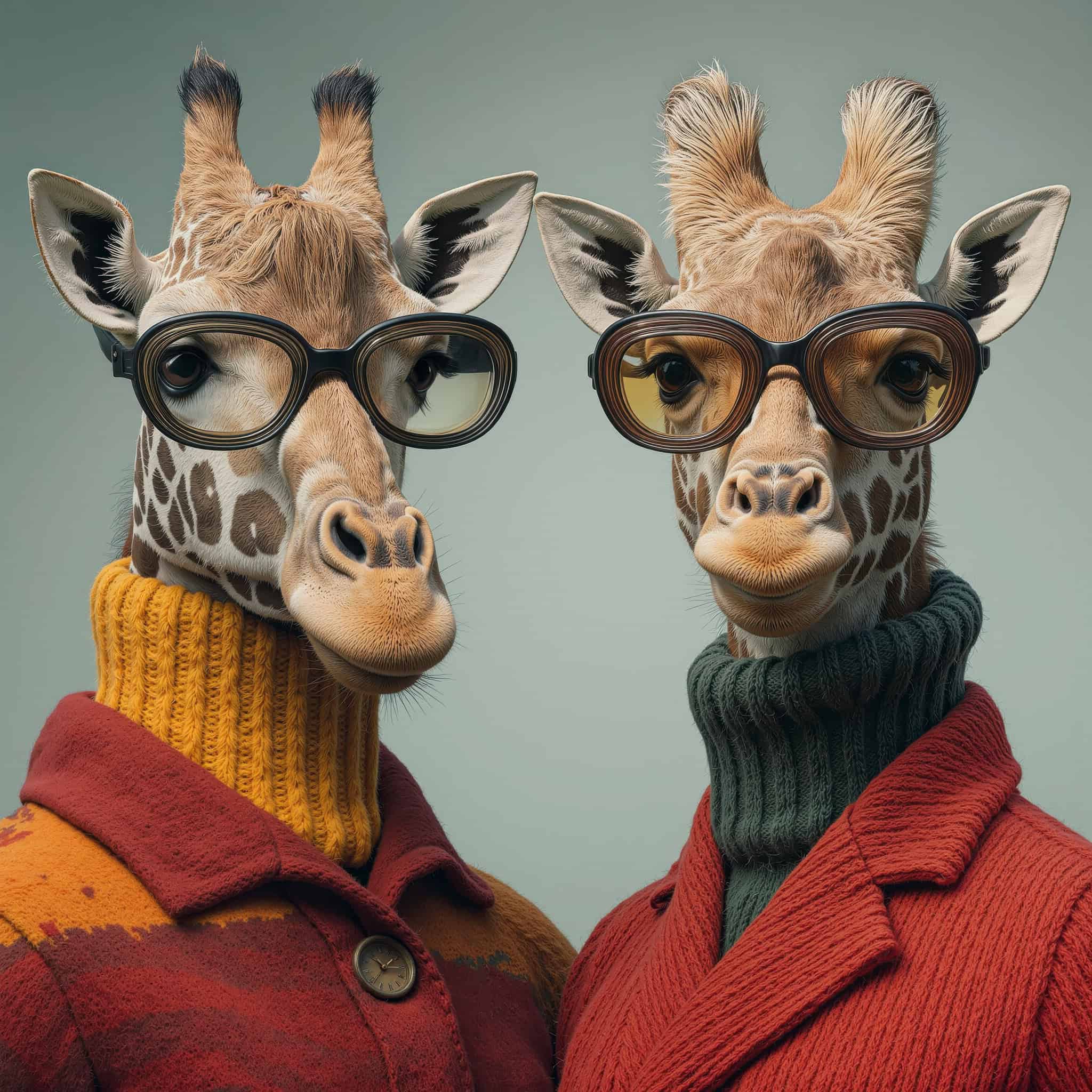 Cute giraffes wearing stylish glasses and turtleneck sweaters, showcasing a fun and quirky fashion look inspired by beastique trends.