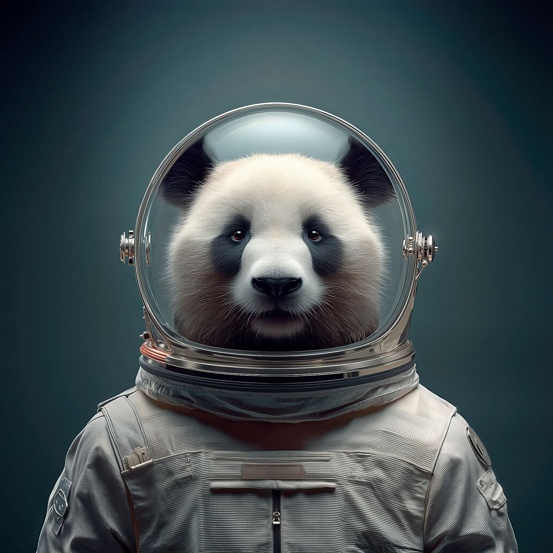 A panda bear wearing an astronaut suit with a space helmet, blending wildlife with space exploration. Perfect for themes of adventure, wildlife conservation, or space travel.