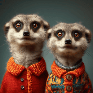 Close-up of two adorable meerkats wearing colorful handmade sweaters, highlighting their expressive eyes and detailed fur. Perfect for wildlife, animal fashion, or adorable pet content.