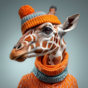 Portrait of a giraffe wearing a bright orange knit sweater and a matching orange-and-grey beanie with a pom-pom. The giraffe gazes off to the side with a calm, confident expression. The image blends fashion photography with animal portraiture, evoking themes of individuality, style and elevated perspective.