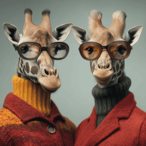 Stylish giraffes wearing glasses and fashionable sweaters.