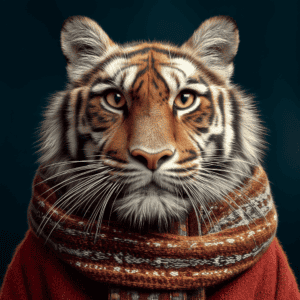Stunning close-up of a majestic tiger wearing a festive knit scarf, highlighting its vivid orange and black stripes and piercing eyes, perfect for wildlife and animal lover SEO.