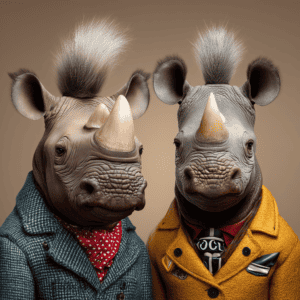Two anthropomorphic rhinoceros characters dressed in fashionable blazers and neckties with detailed facial textures.