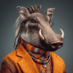Highly detailed image of a wild boar with a human-like appearance, wearing a colorful scarf, beads, and an orange-brown coat, against a plain background. Perfect for animal and fashion-themed SEO content.
