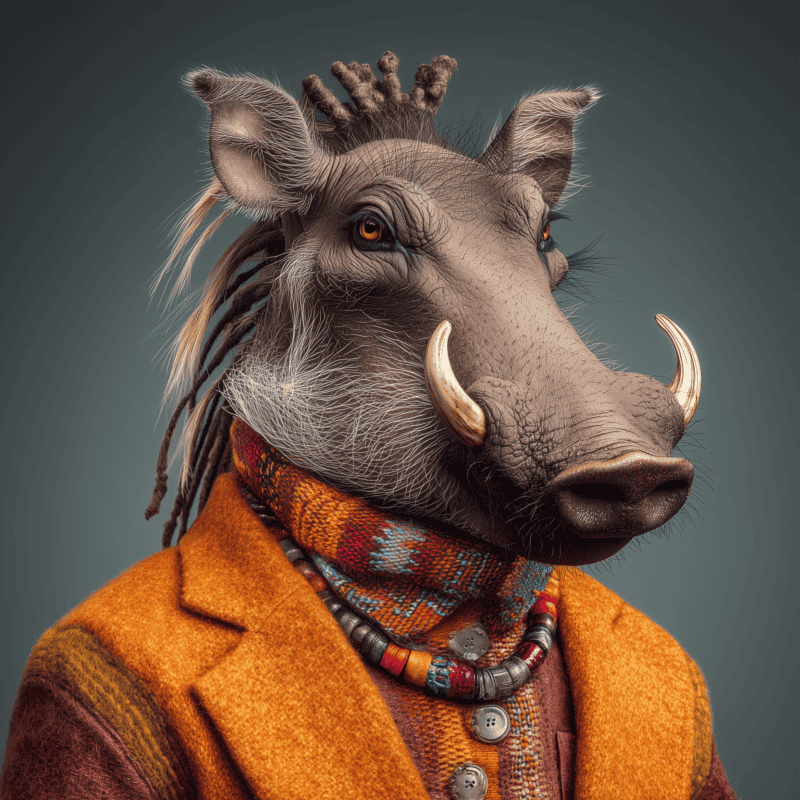 Highly detailed image of a wild boar with a human-like appearance, wearing a colorful scarf, beads, and an orange-brown coat, against a plain background. Perfect for animal and fashion-themed SEO content.