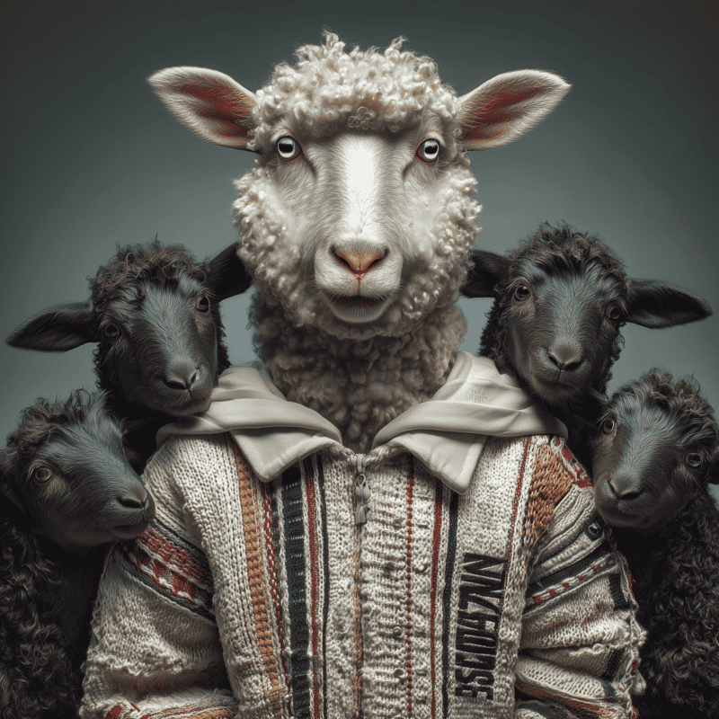 A whimsical digital illustration featuring a sheep with a curly fleece and goats in a fashionable hoodie, highlighting creativity and farm animal charm.