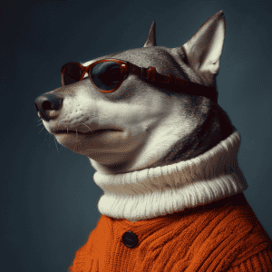 A fashionable husky dog wearing sunglasses, a cozy cream turtleneck, and an orange textured jacket, showcasing a trendy, urban look perfect for fashion and pet accessories SEO.