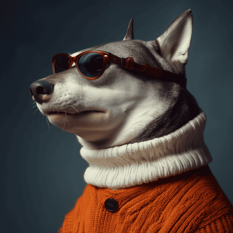 A fashionable husky dog wearing sunglasses, a cozy cream turtleneck, and an orange textured jacket, showcasing a trendy, urban look perfect for fashion and pet accessories SEO.