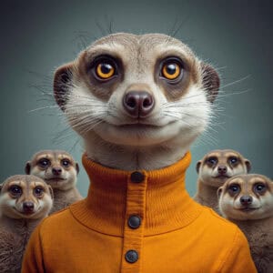 Extremely detailed portrait of a cute ferret wearing an orange sweater, with four more ferrets in the background, all with big expressive eyes and realistic fur textures, shot against a neutral grey backdrop.