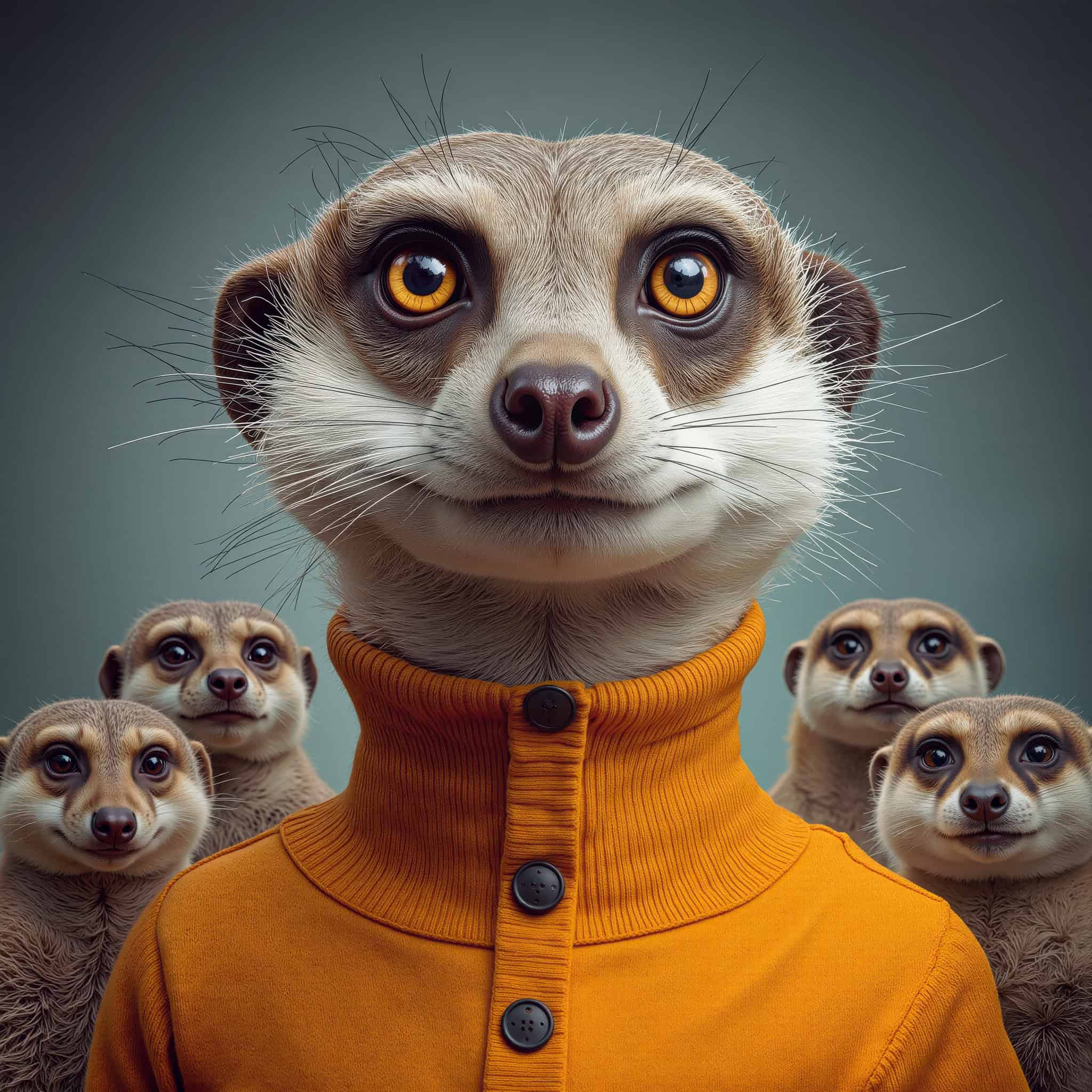 Extremely detailed portrait of a cute ferret wearing an orange sweater, with four more ferrets in the background, all with big expressive eyes and realistic fur textures, shot against a neutral grey backdrop.