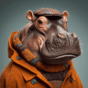 A highly detailed digital illustration of a hippo wearing an orange coat, scarf, and cap, showcasing urban fashion with a sophisticated, stylish hippo in a contemporary setting.