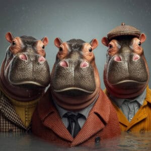 Three hippos wearing suits and one with a hat, depicting a stylish and charismatic hippo group for a humorous or creative theme.