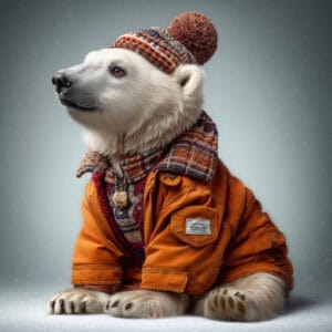 A cute polar bear wearing a knitted hat and jacket, showcasing winter fashion and animal photography.