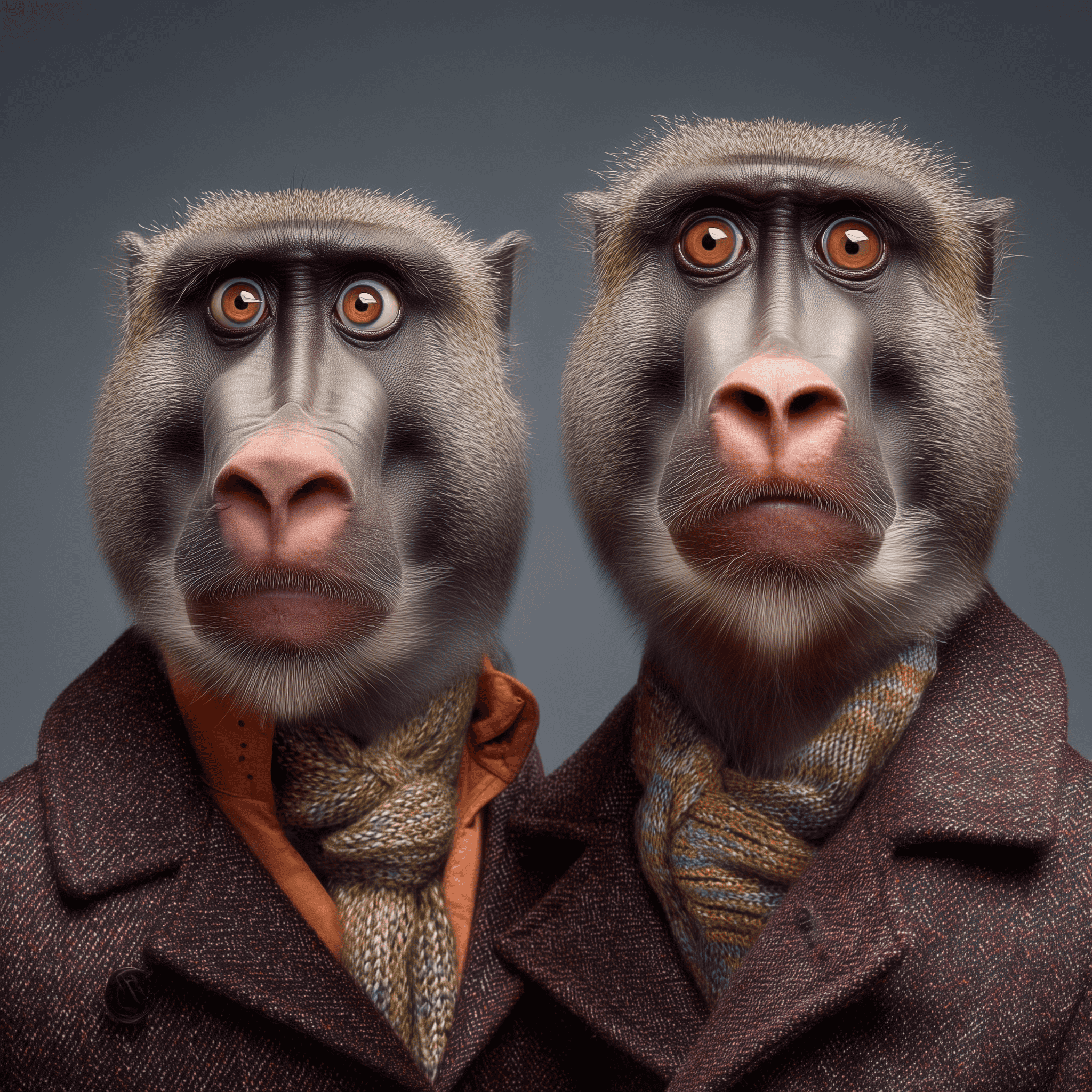 Close-up of two anthropomorphized baboons dressed in fashionable coats and scarves, showcasing a surreal, artistic representation of primates with human-like expressions for unique visual impact.