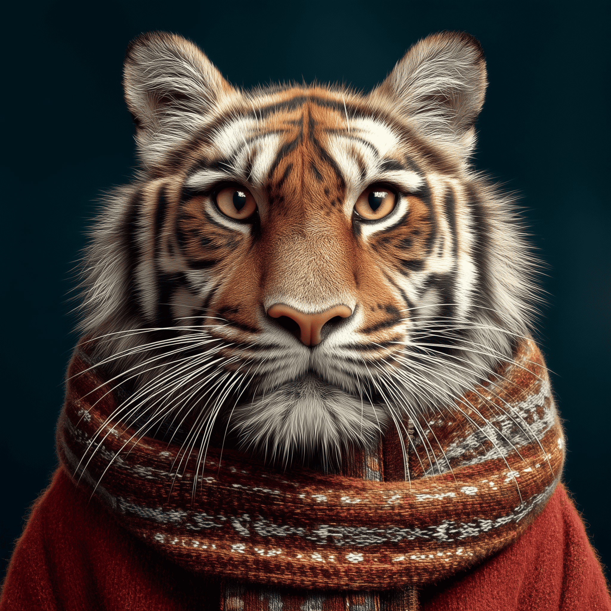 A close-up of a fierce tiger wearing a cozy, patterned scarf, showcasing its striking orange and black striped fur against a dark background for wildlife and animal lovers.