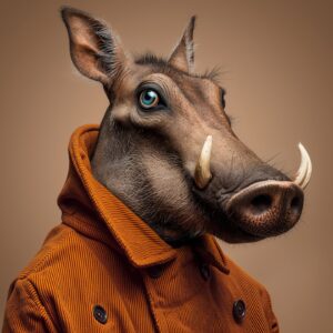 1. Close-up of a pig wearing an orange jacket, with detailed facial features and realistic textures, styled in a modern, artistic portrait.