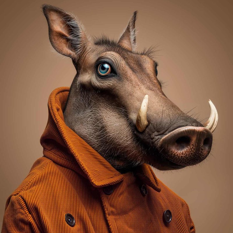 1. Close-up of a pig wearing an orange jacket, with detailed facial features and realistic textures, styled in a modern, artistic portrait.