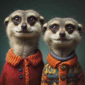 Playful meerkats dressed in colorful knit sweaters showcasing adorable African wildlife fashion. Perfect for nature lovers and animal enthusiasts.