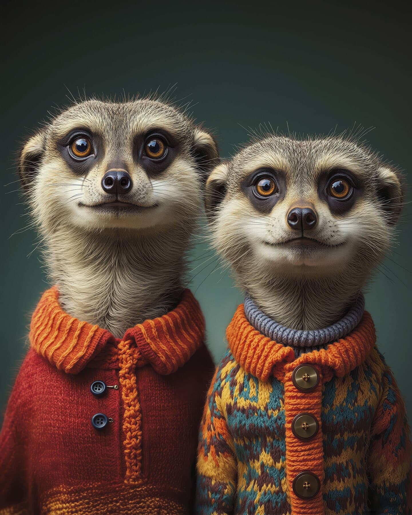 Playful meerkats dressed in colorful knit sweaters showcasing adorable African wildlife fashion. Perfect for nature lovers and animal enthusiasts.