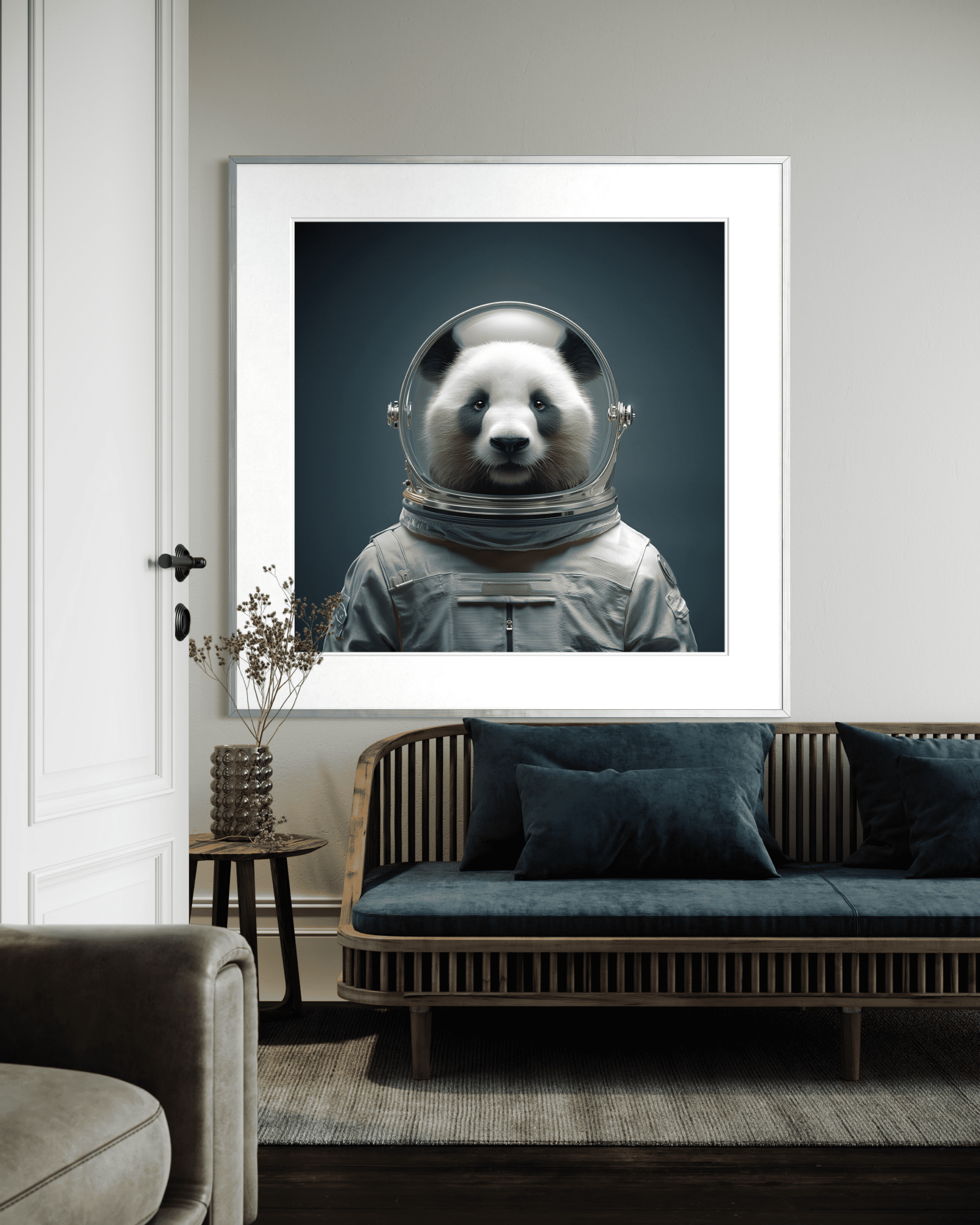 1. A digital art illustration of a panda bear in a space suit, emphasizing modern panda artwork and space themes for contemporary home decor.