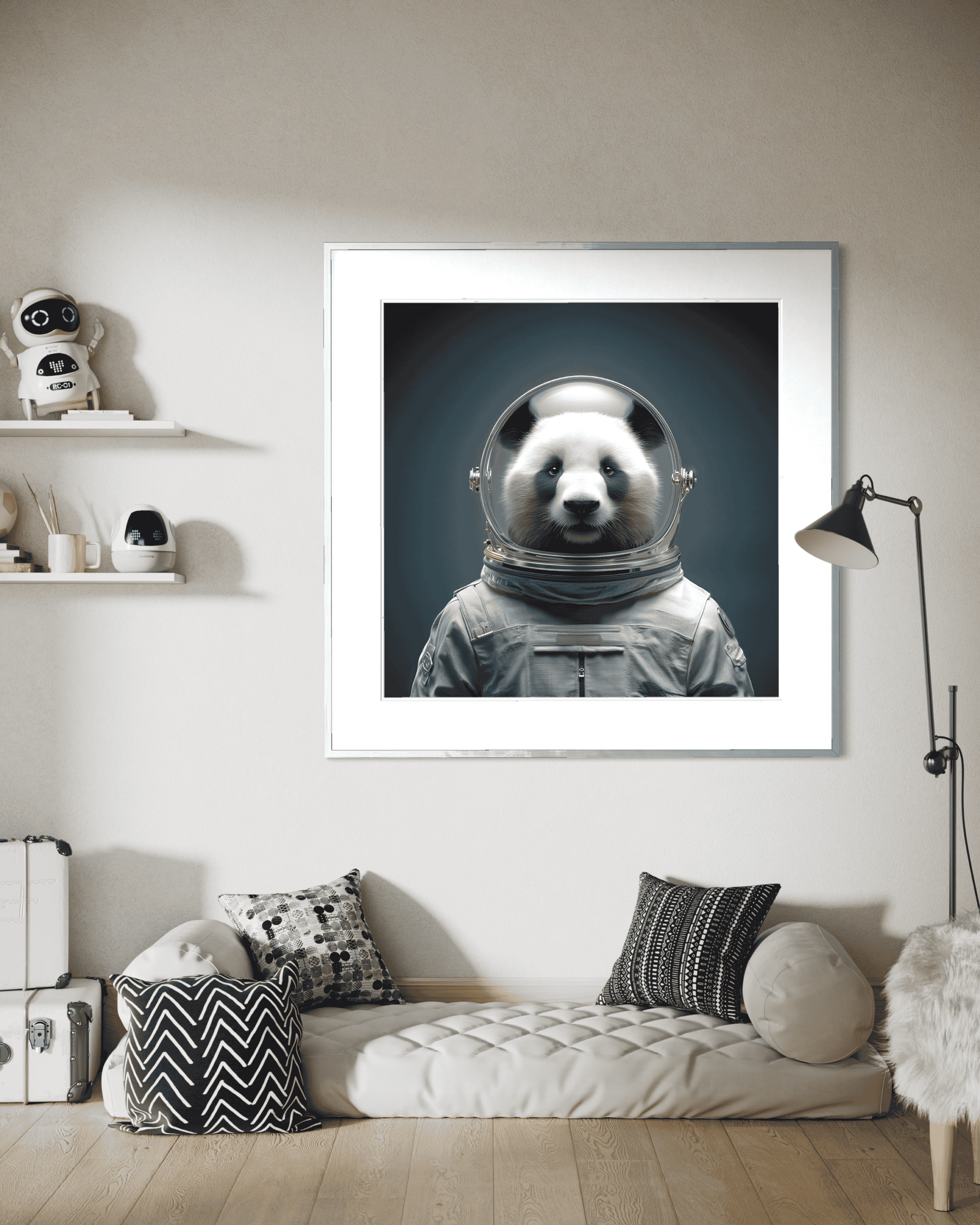 Panda in astronaut suit artwork, modern home decor with robotic and space themes, digital art print, unique animal and tech fusion, perfect for contemporary interior design.