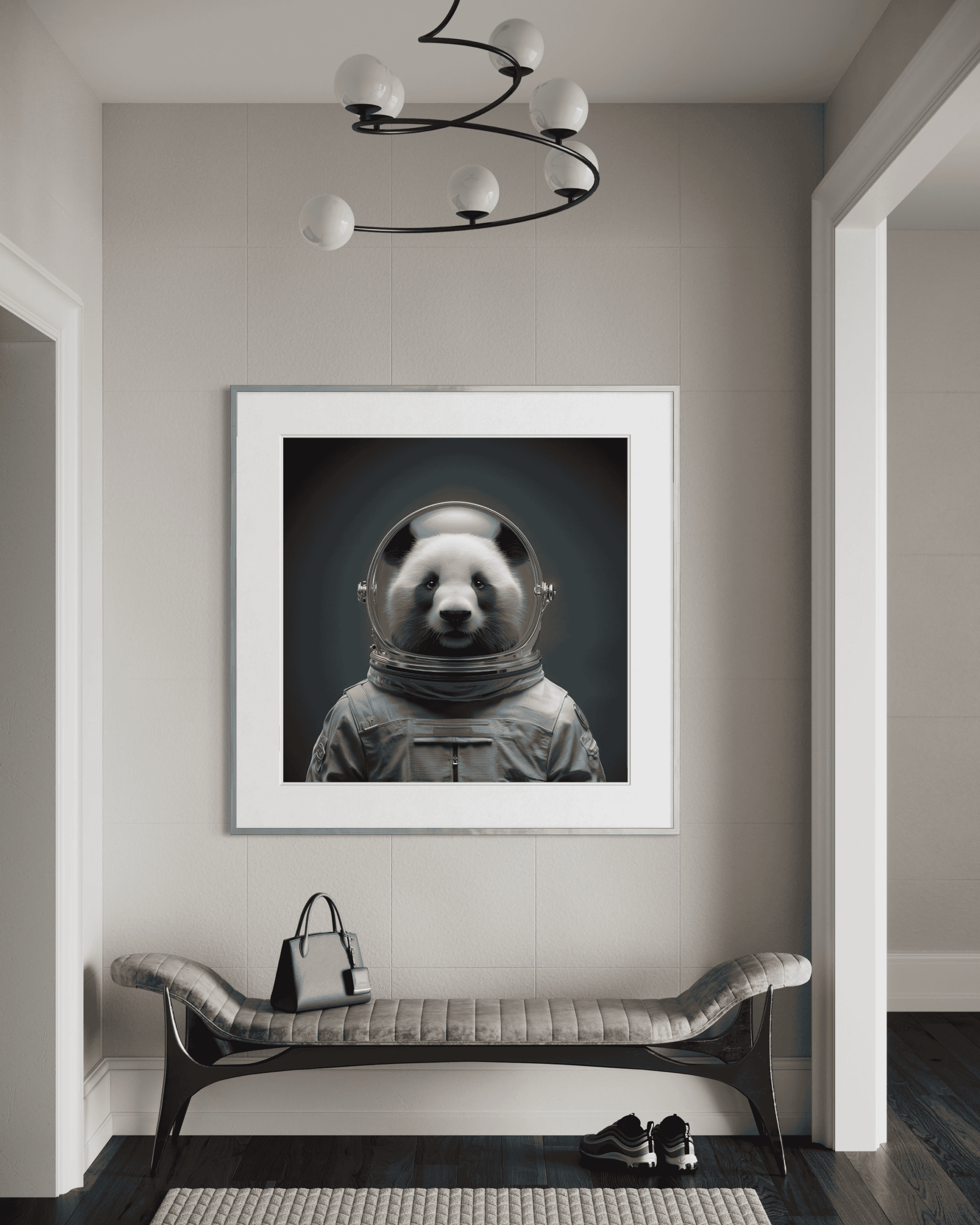 A neoprint of a panda bear in an astronaut suit hanging on a wall in a modern, elegant room with a sleek bench and designer accessories.