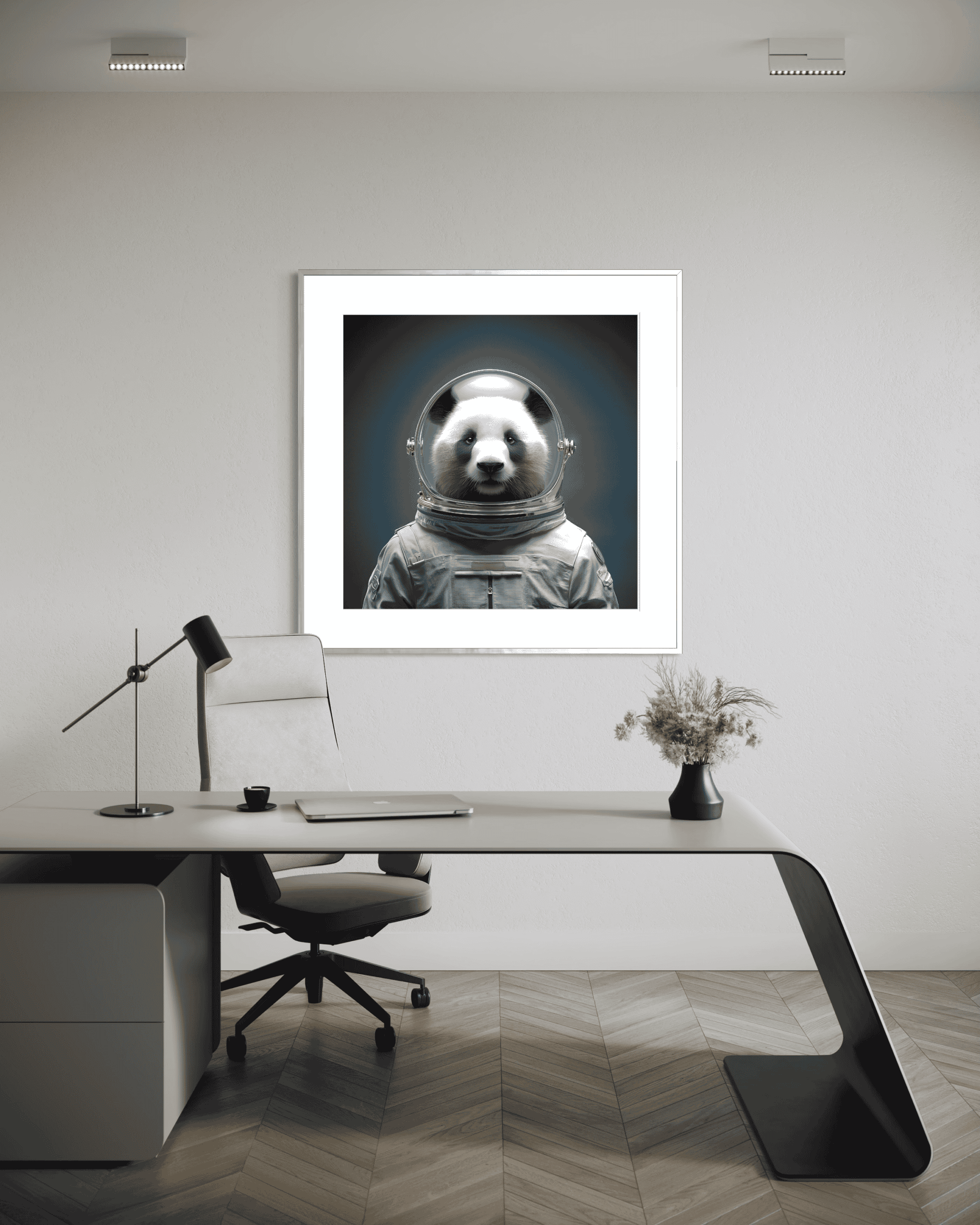 Ape in space helmet wall art at sleek modern office with minimalist desk and chair, creative digital art, futuristic interior design, and animal-themed decor for unique workspace inspiration.