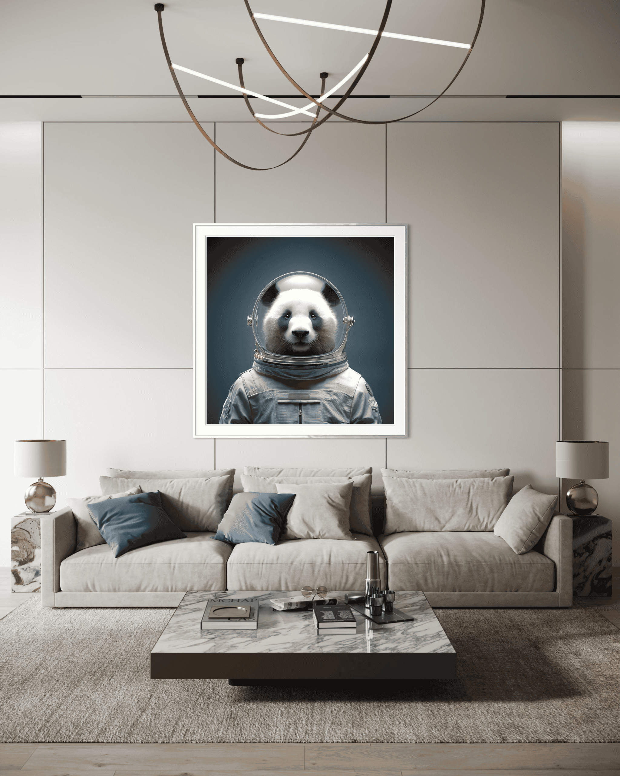 1. Adorable panda in astronaut suit framed art hanging on modern living room wall with contemporary decor and seating.