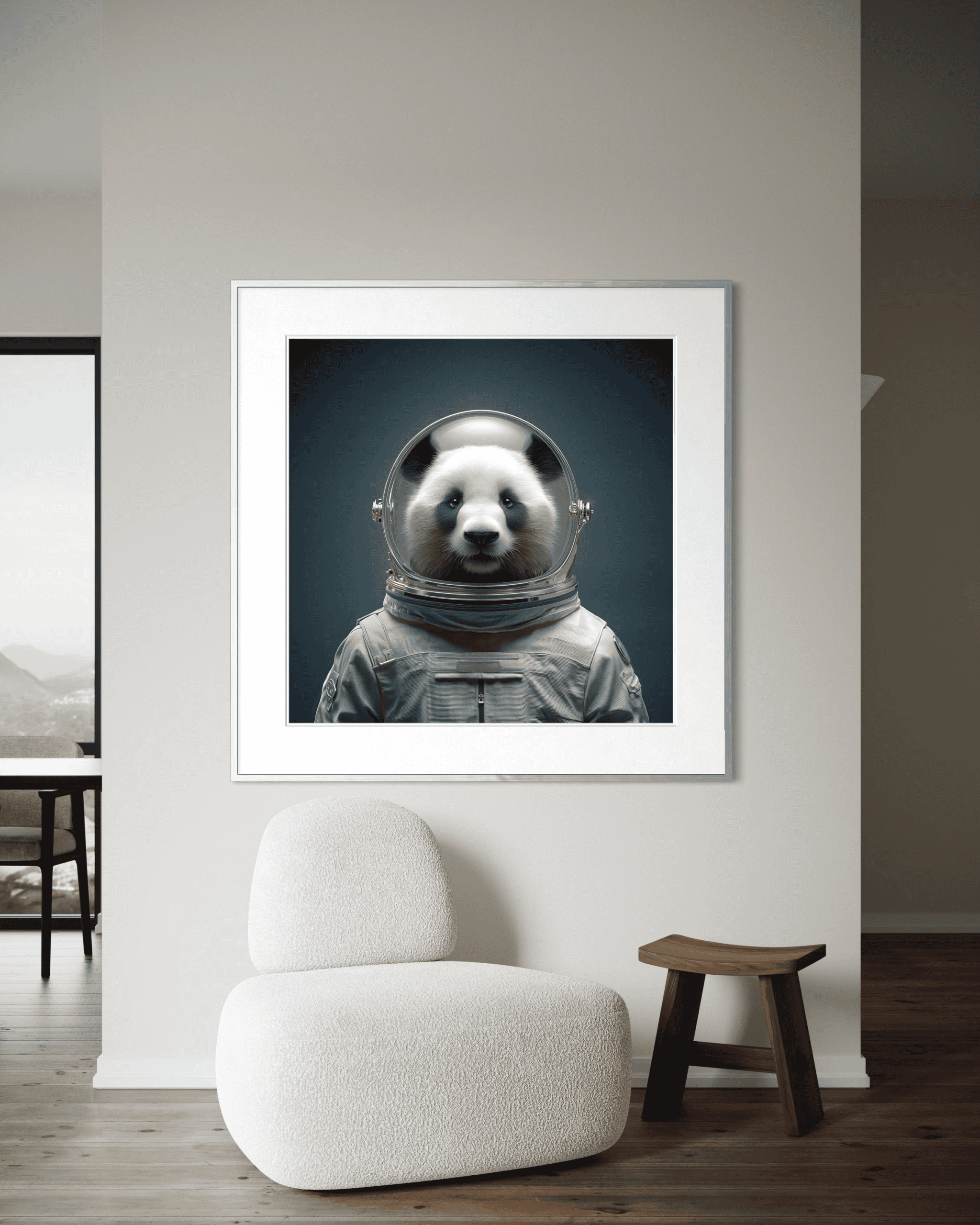 Ape in astronaut suit, digital artwork, space exploration, wildlife art, modern interior, wall art, animal portrait, space suit panda, contemporary decor, exclusive astronaut animal artwork.