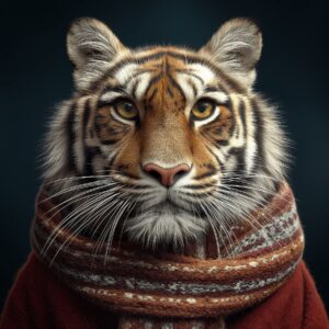 A. Stunning close-up of a majestic tiger wearing a cozy scarf, showcasing its piercing eyes and detailed fur pattern, emphasizing wildlife and animal photography.