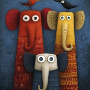 Brightly colored cartoon elephants with birds on their heads, set against a blue patterned background.