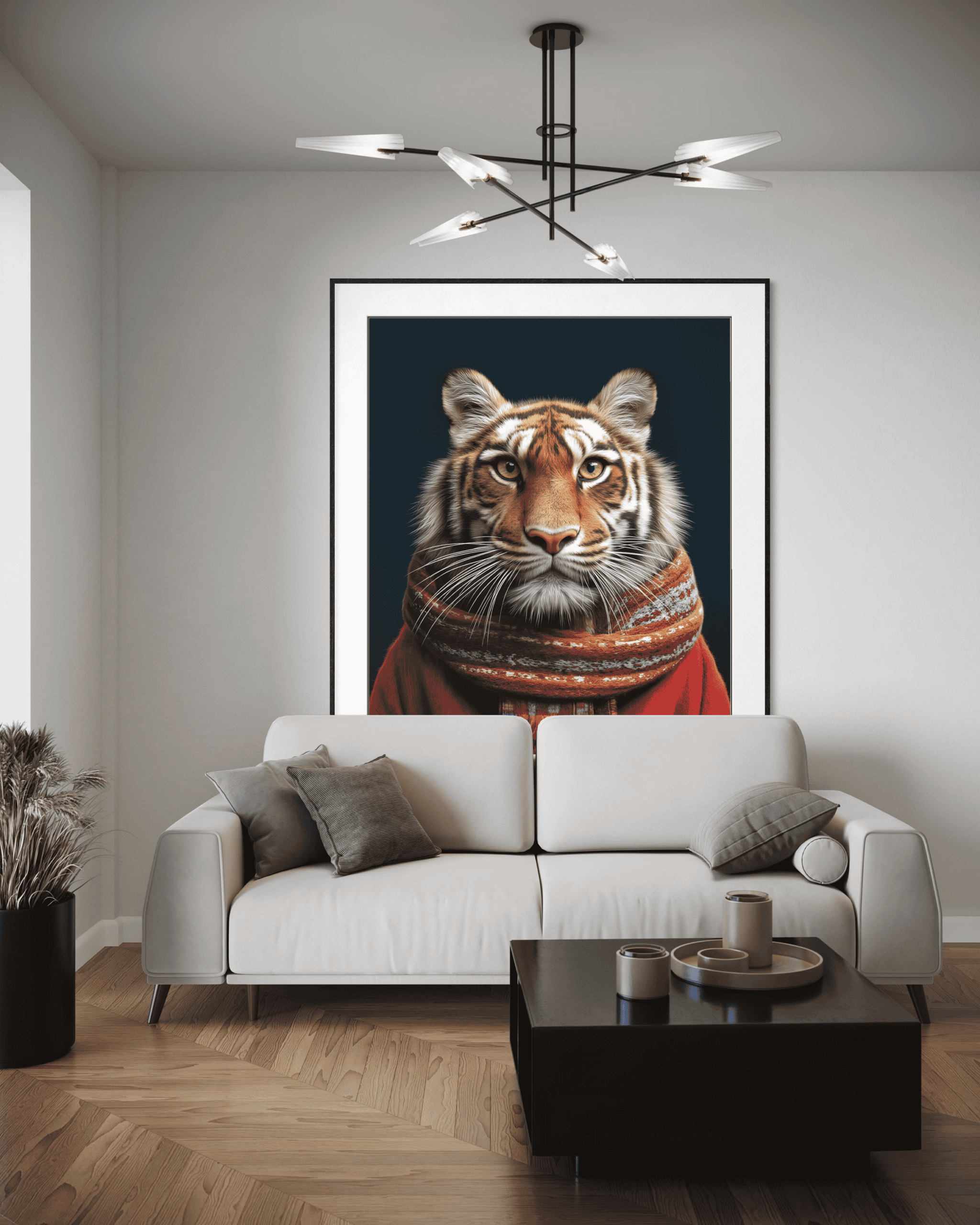 Modern living room featuring a striking tiger portrait artwork with a scarf, stylish sofa, and contemporary lighting, creating a sophisticated and artistic home decor setting.